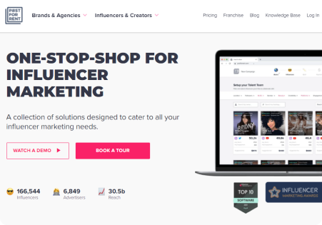 Laptop displaying influencer marketing platform with statistics and buttons.