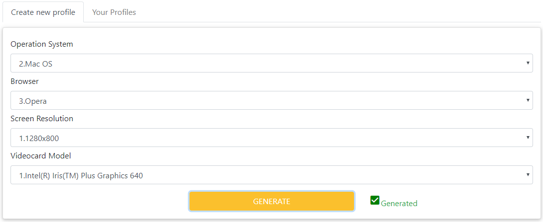 Profile creation form with dropdown selections.