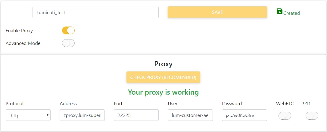 Proxy settings interface indicating the proxy is working.