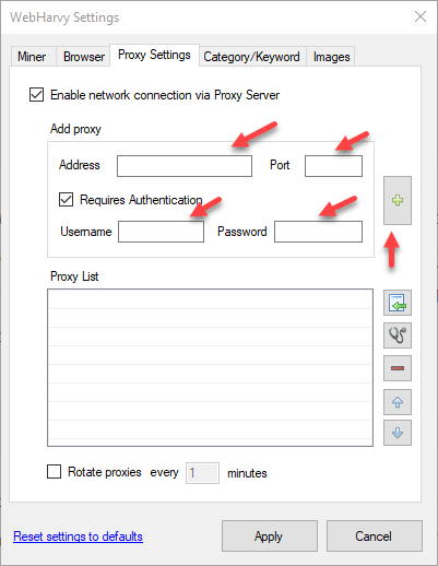 WebHarvy proxy settings configuration screen.