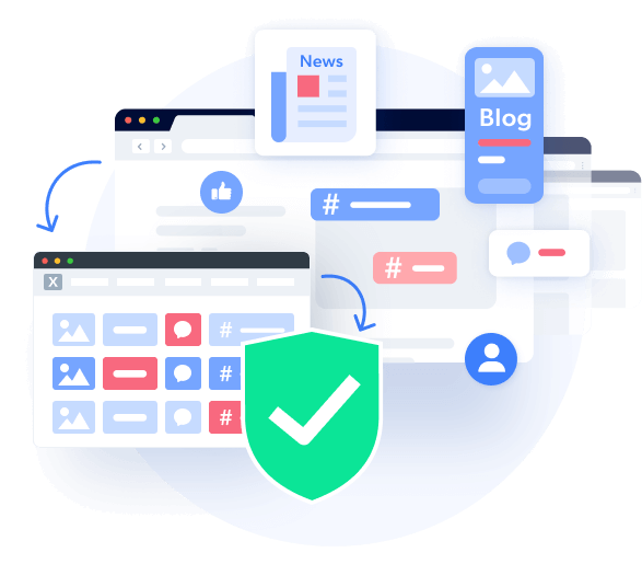 Various digital media icons with a security checkmark.