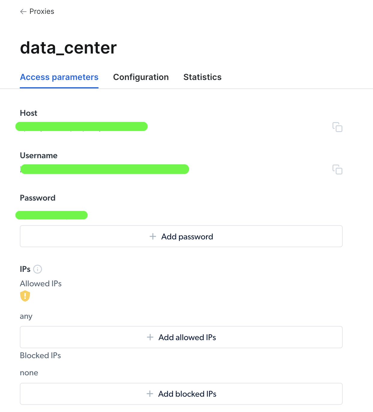 Pantalla de Parámetros de Acceso de centro de datos para la configuración del proxy.