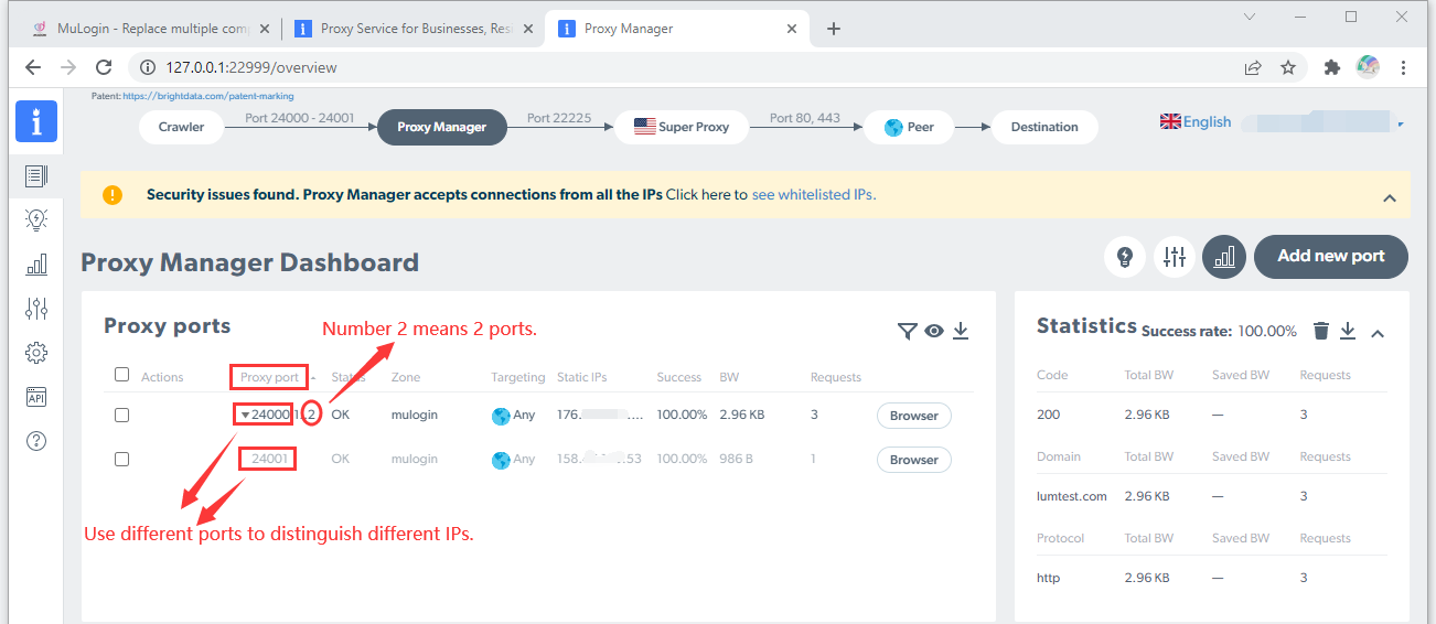 Proxy Manager Dashboard with two active proxy ports.