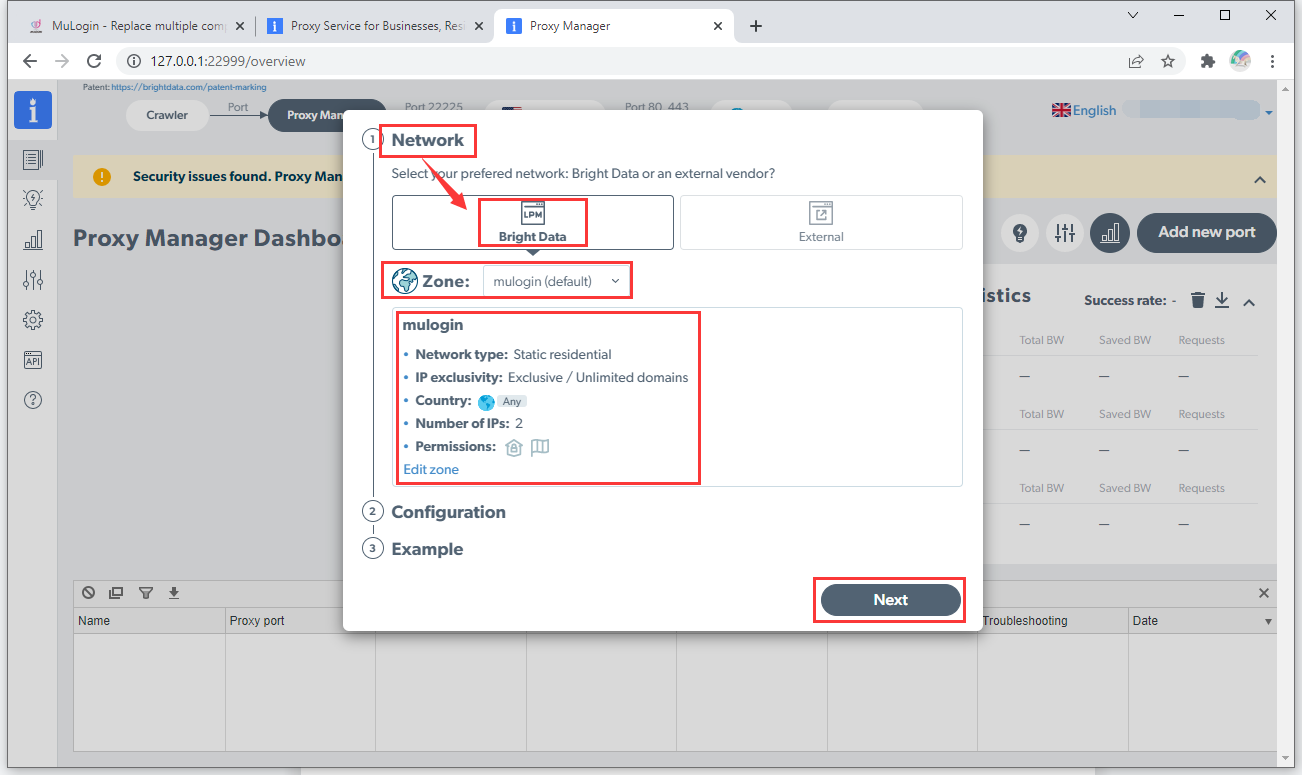 Proxy Manager setup screen with network and zone configuration.