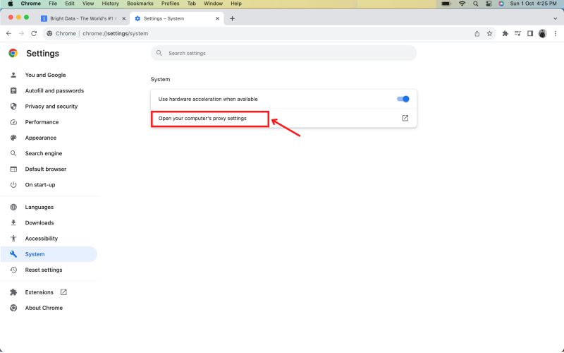 Configuración de Chrome que muestra la opción de configuración de proxy resaltada.