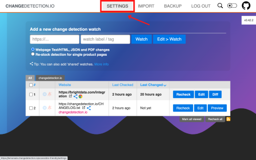 Changedetection settings