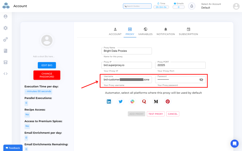 Proxy account settings with IP, port, username, and password.