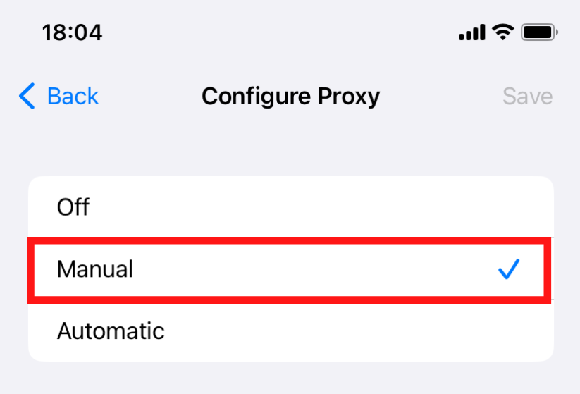 Pantalla de configuración de proxy con Manual seleccionado.