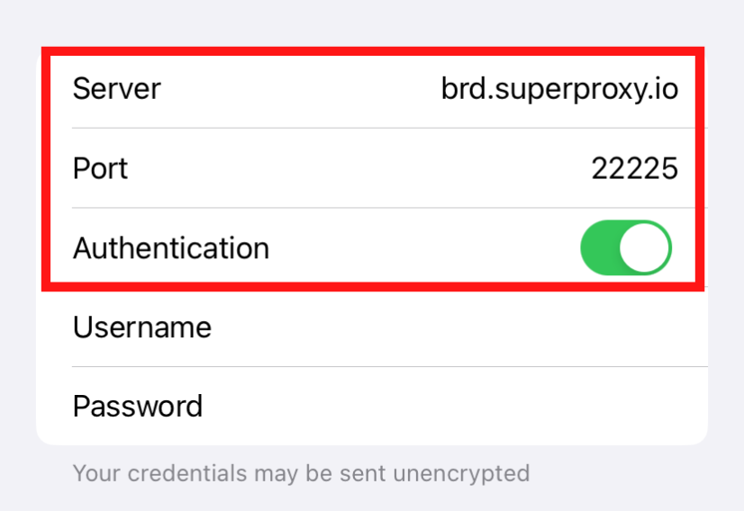 Configuración del servidor proxy con autenticación habilitada.