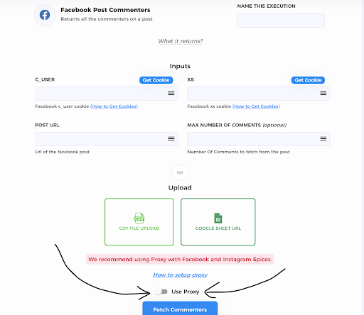 Interface for extracting Facebook post commenters.
