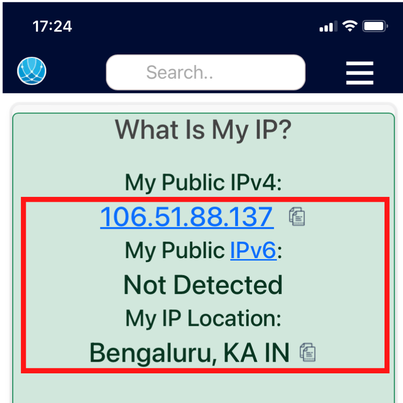 Detalles de IP que muestran IPv4 y ubicación en el sitio web