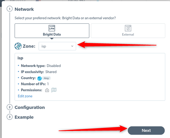 Pantalla de configuración de red con zona ISP seleccionada.
