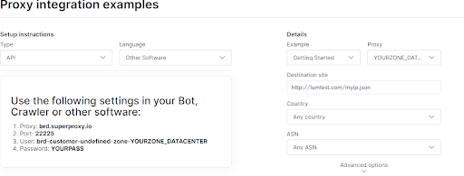 Proxy setup instructions and example configurations for software.