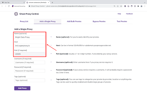 Add a Single Proxy form filled out