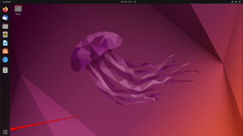 Fondo de pantalla de medusa morada, escritorio Ubuntu, cuadrícula de aplicaciones abiertas.