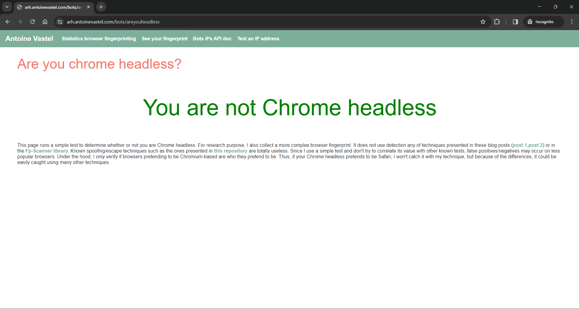 Página web mostrando el mensaje 'You are not Chrome headless'