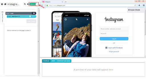 Página de inicio de sesión de Instagram con una vista previa de la imagen mostrada.