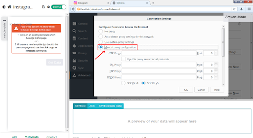 Configurar los ajustes manuales del proxy en las opciones del navegador.