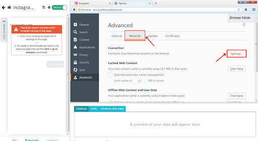 Se muestran la configuración del navegador y los mensajes de error.