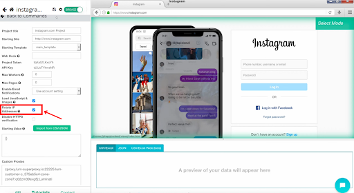 Interfaz de herramienta de scraping de Instagram para extracción de datos.