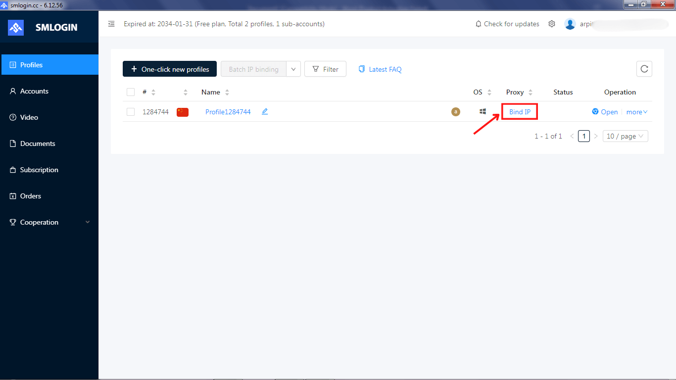 Browser view of profile management screen.