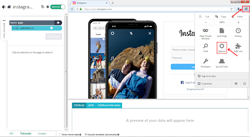 Página web de Instagram con herramienta de simulación de pantalla de teléfono.