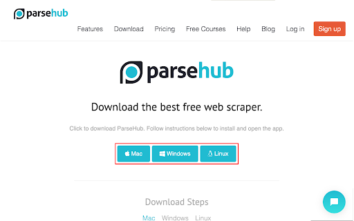 Opciones de descarga de ParseHub: Mac, Windows, Linux.