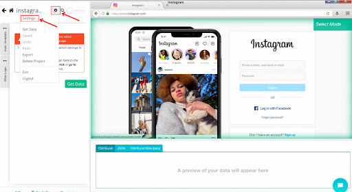 Página web de Instagram con menú de configuración abierto.