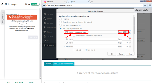 Ajustes de configuración de proxy en una captura de pantalla de la ventana del navegador.