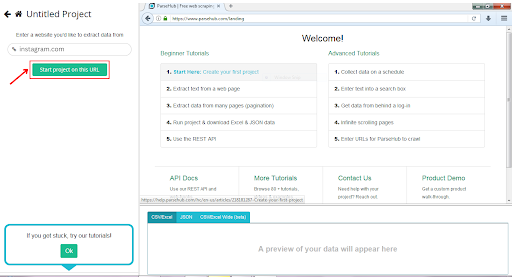 Interfaz de herramienta de scraping web con tutoriales e instrucciones.