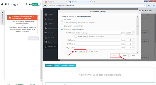 Configurar los ajustes del proxy en la ventana de opciones del navegador.