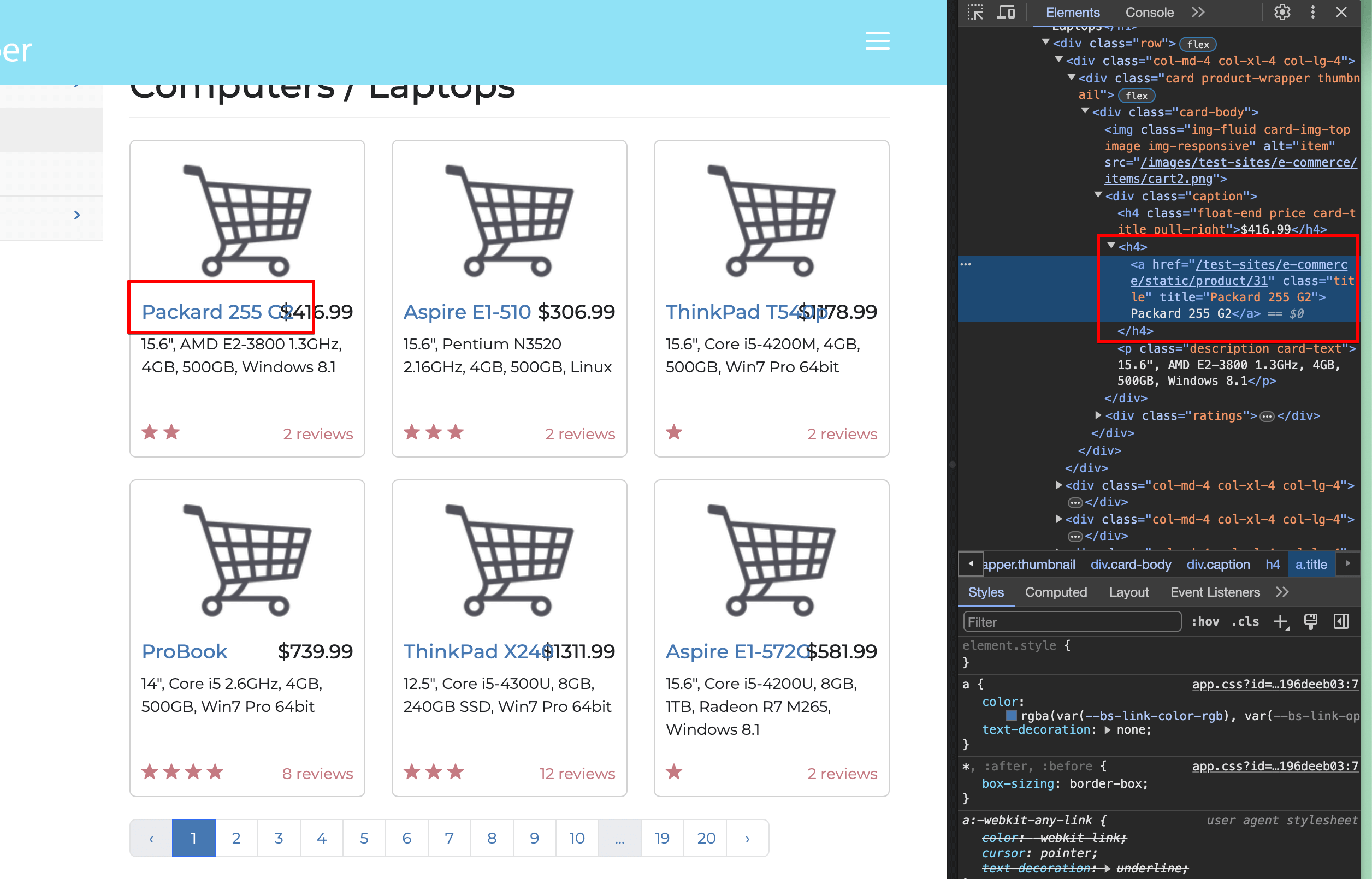 Inspecting one of the titles we want to scrape