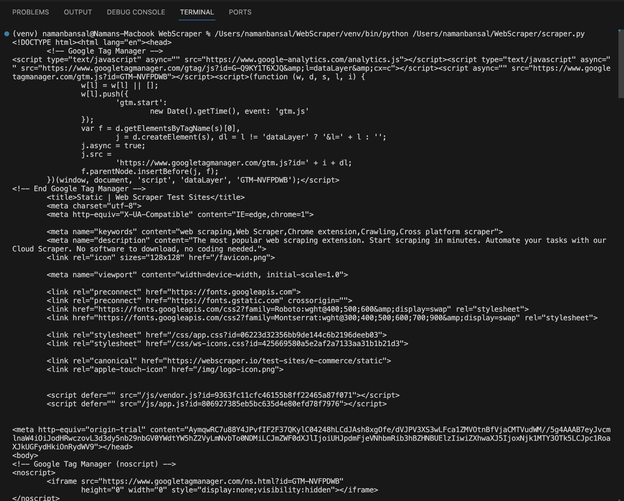 The extracted HTML in VSC