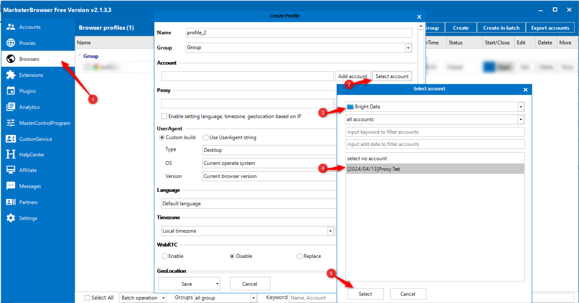 Software UI for creating a browser profile.
