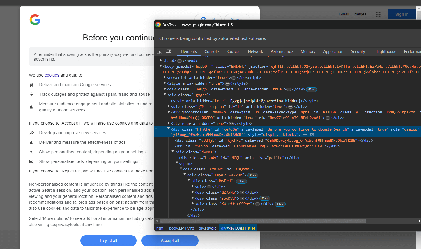 Inspecting the HTML of the cookie dialog
