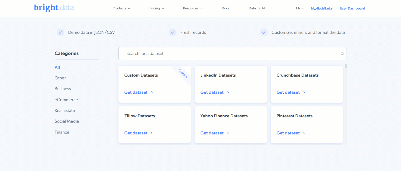 Available datasets on Bright Data