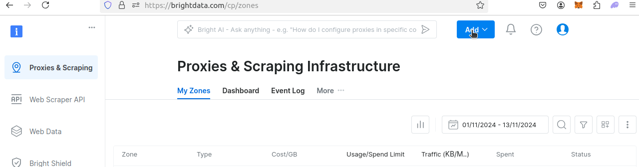 Click "add" at the Proxies and Scraping Infrastructure dashboard 