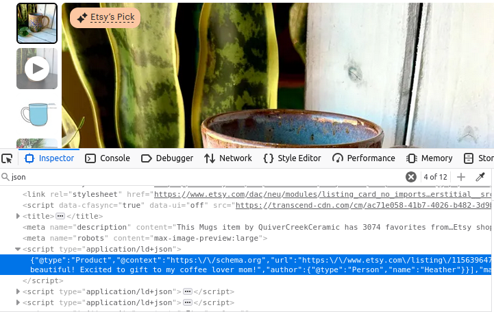 Schema example of a product on Etsy