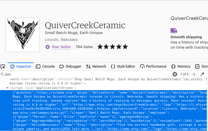 Inspecting a shop on Etsy