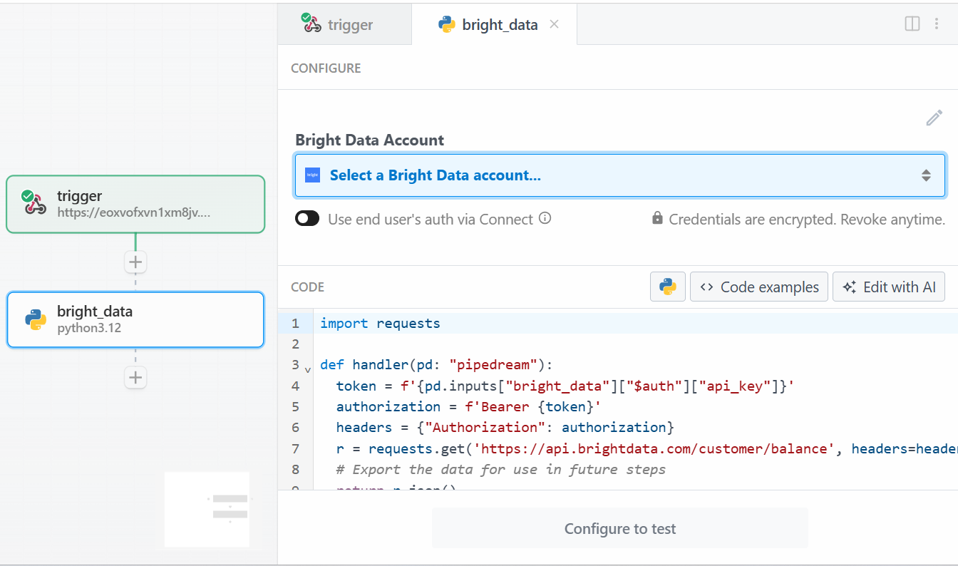 La acción "Utilizar cualquier Bright Data API en Python" en Pipedream