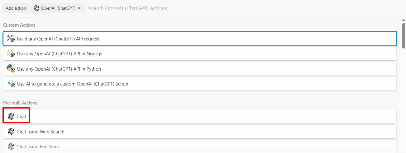 Seleccionar la opción de chat de OpenAI