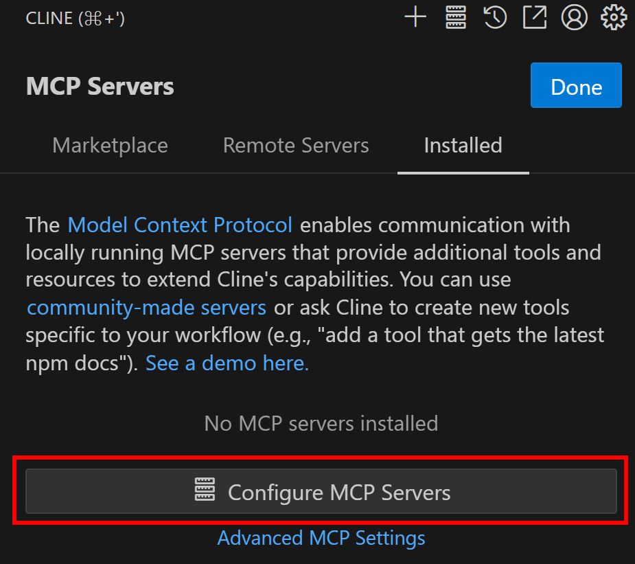 Haciendo clic en el botón "Configurar servidores MCP