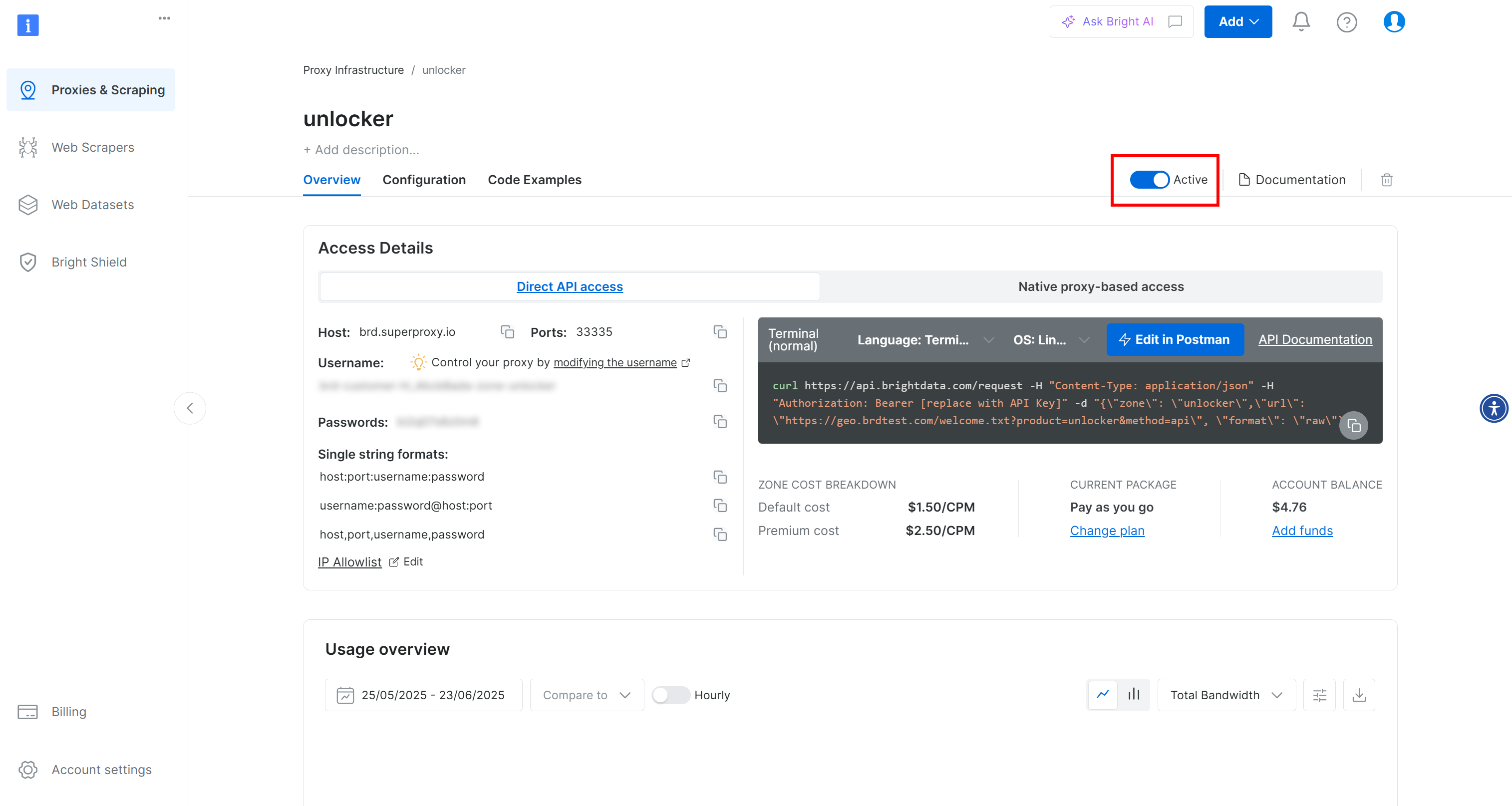 La página "unlocker" de la zona API de Web Unlocker