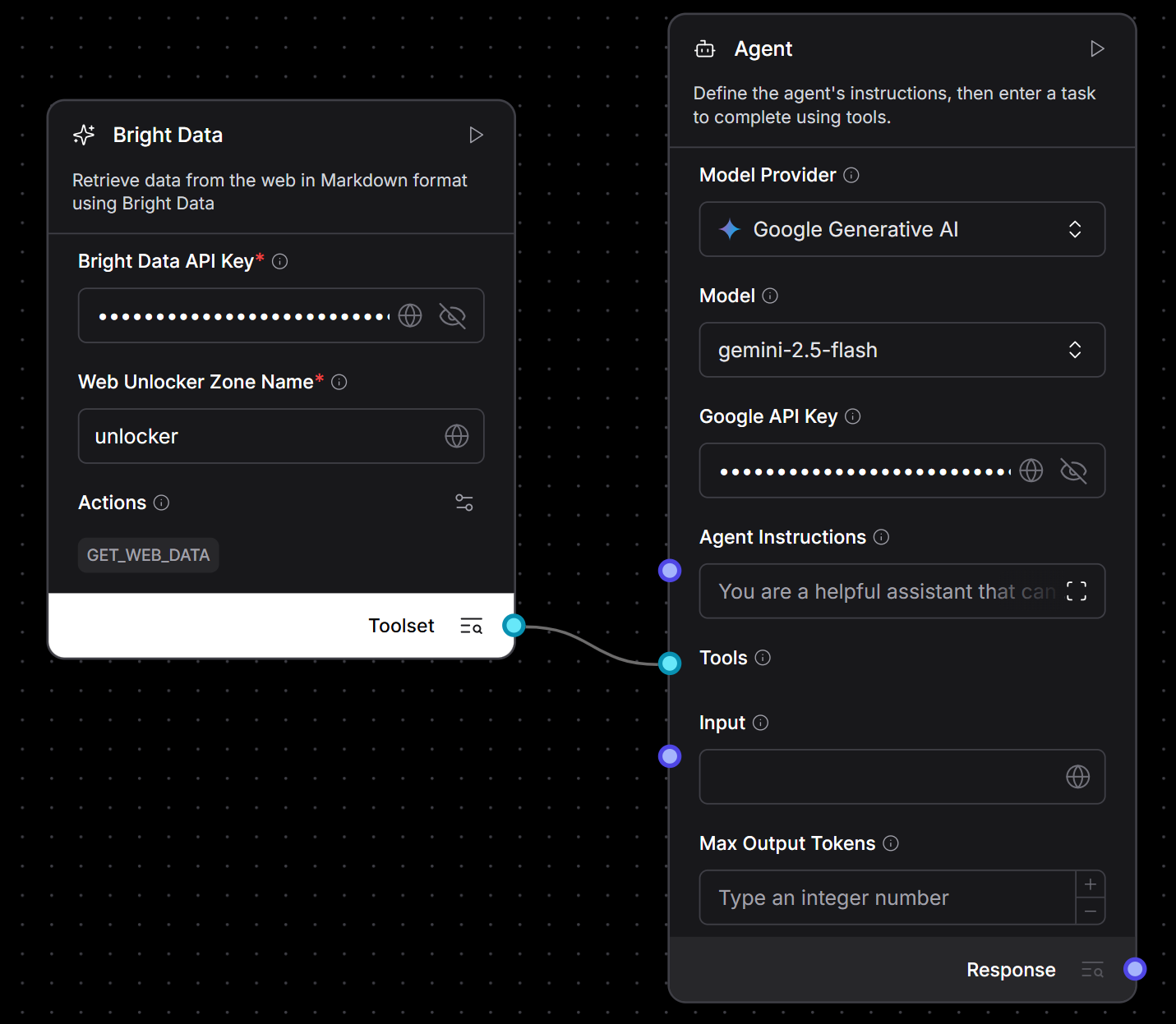 Conexión del componente Bright Data al componente Agente
