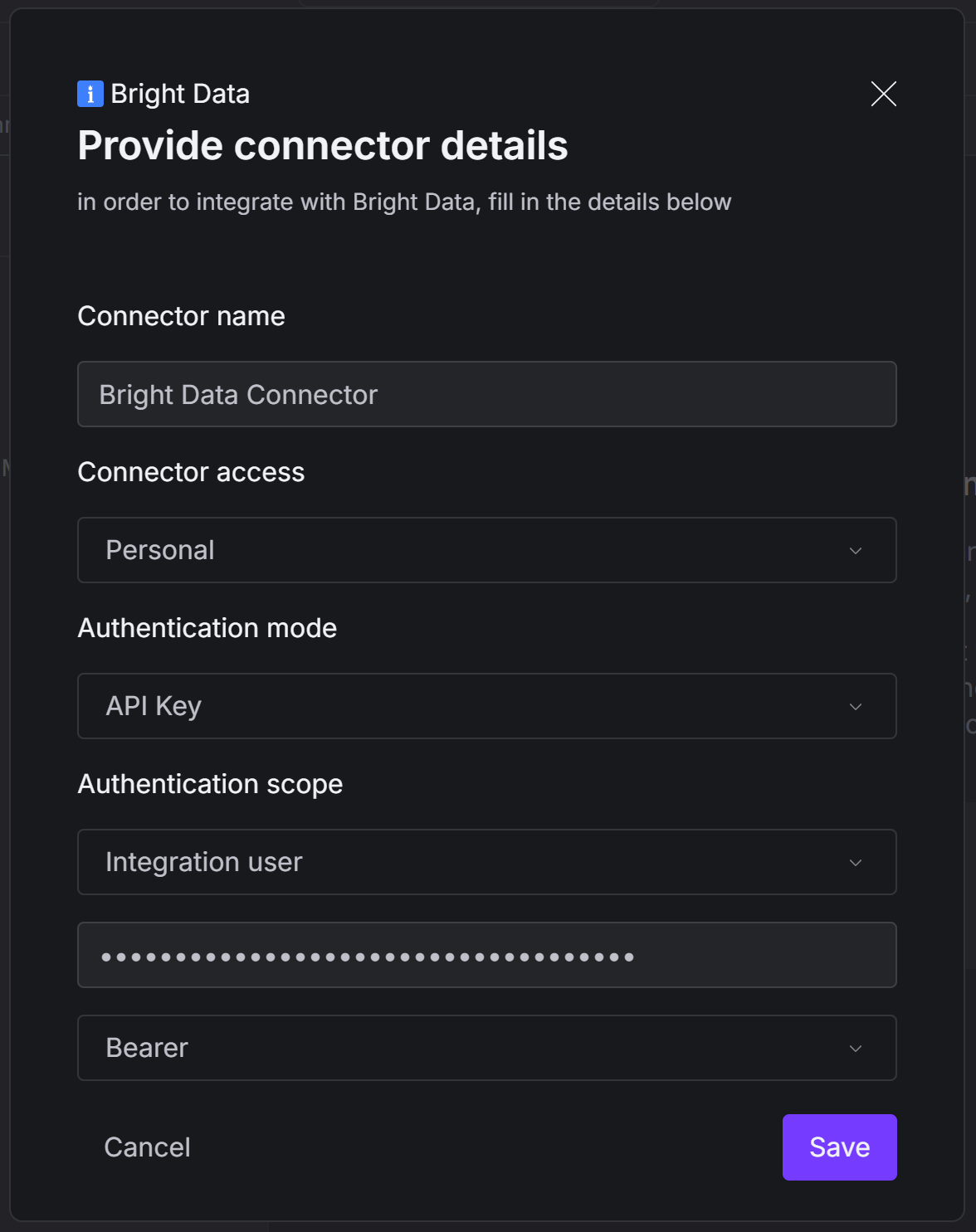 Rellenar el formulario de configuración del conector Bright Data