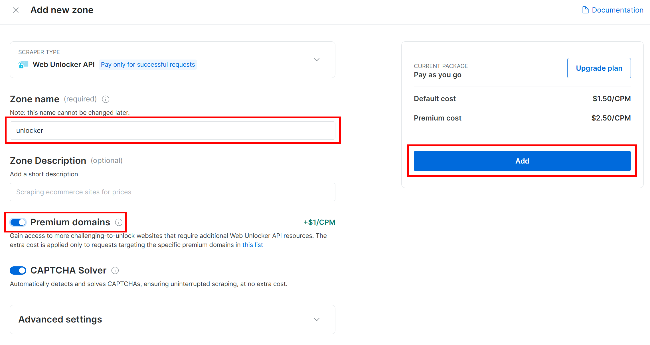 Configuración de su nueva zona API de Web Unlocker