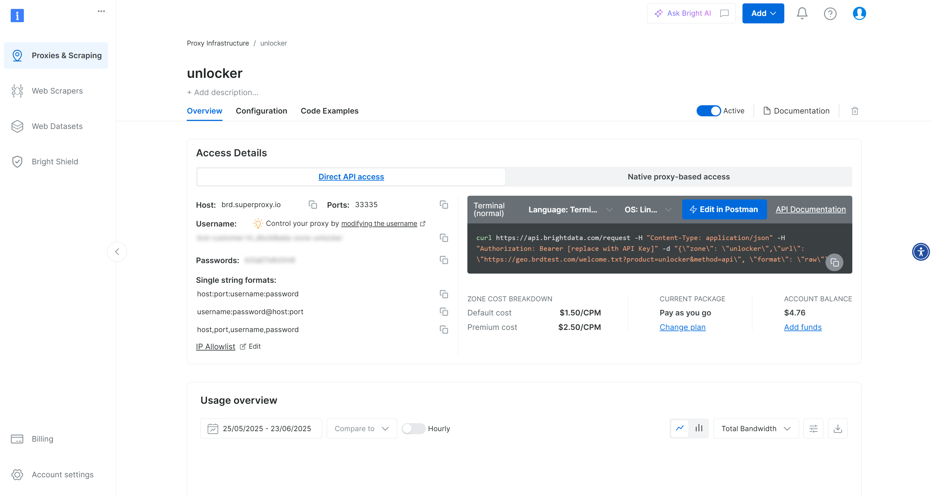 La página "unlocker" de la zona API de Web Unlocker