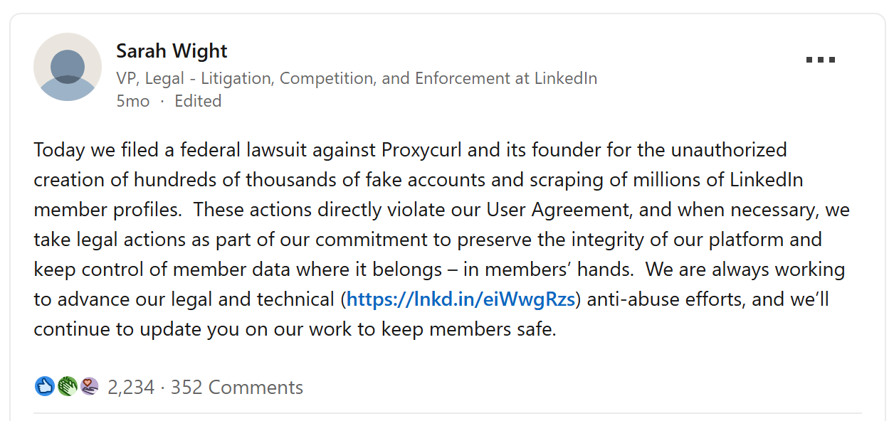 Mensaje de Sarah Wight en LinkedIn