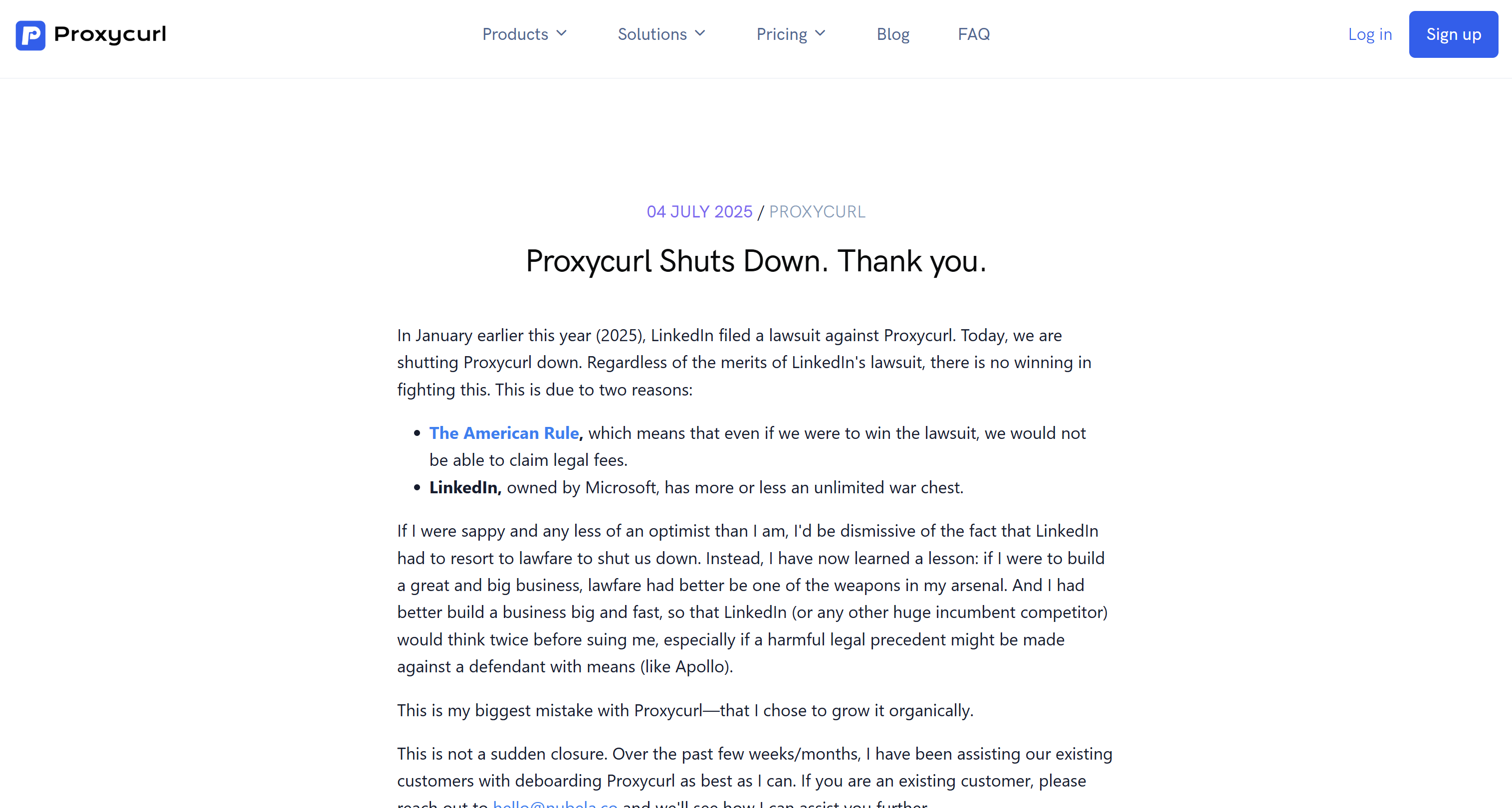 El anuncio del cierre de Proxycurl