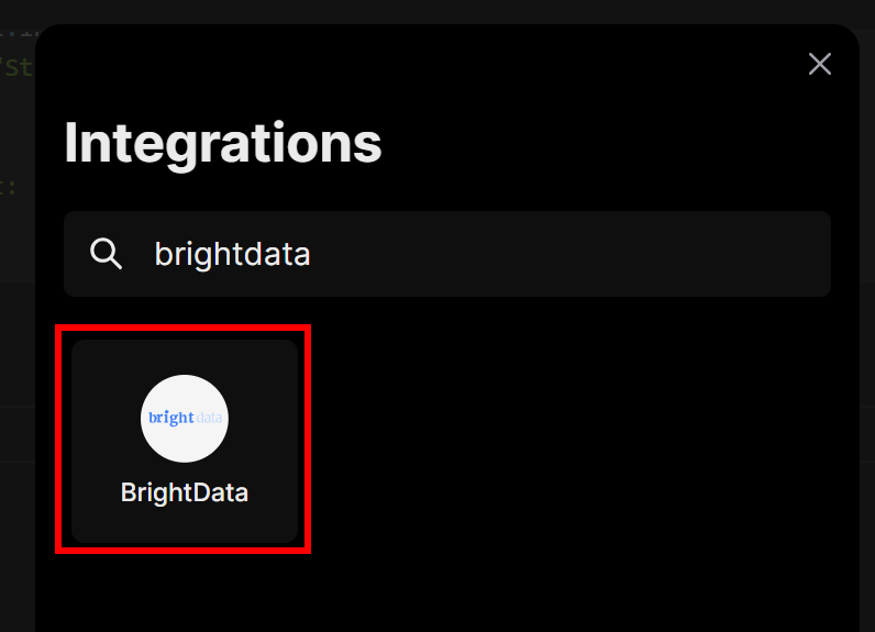 Selección de la integración de BrightData